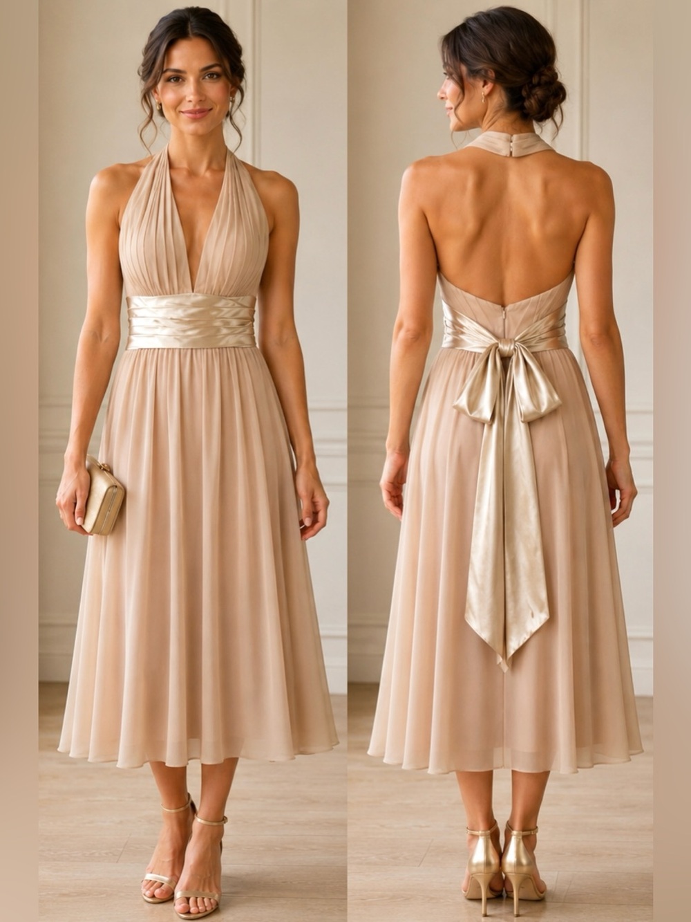 JJs House Champagne Halter Midi Dress with Satin Waist Sash